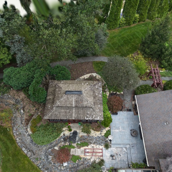 Aerial preview of Gail Stevens’s property, showing the roof, garden, and patio